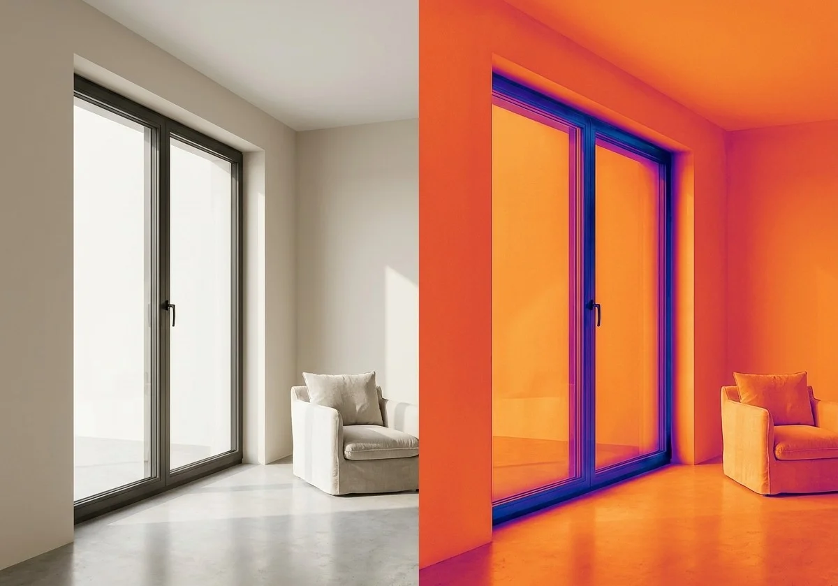Illustration pédagogique comparant une vue visible et une représentation thermique autour d’une fenêtre